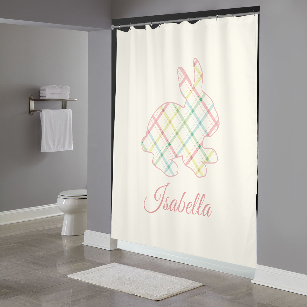 Pink Plaid Bunny Personalized Shower Curtain Bella Bug Pink Plaid Bunny Personalized Shower Curtain