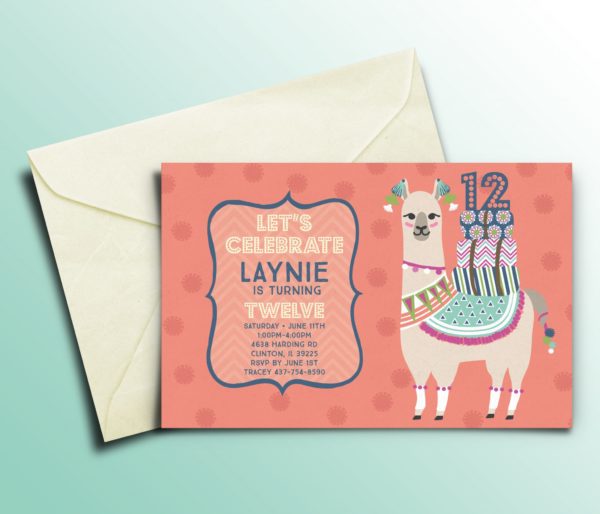 Llama Personalized Kids Birthday Party Invitations