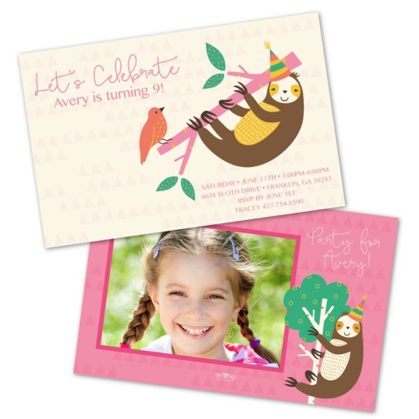Sloth Personalized Kids Birthday Party Invitations