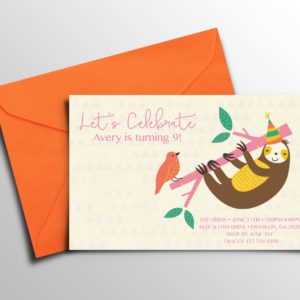 Sloth Personalized Kids Birthday Party Invitations