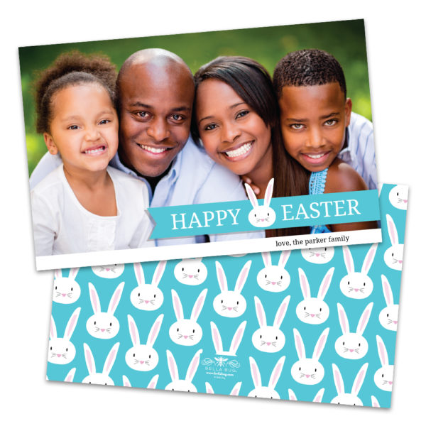 Whimsical Bunny Blue Banner Personalized Photo Easter Card